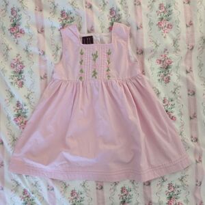 Pink Sleeveless Cotton Smocked Embroidered Girls' Dress